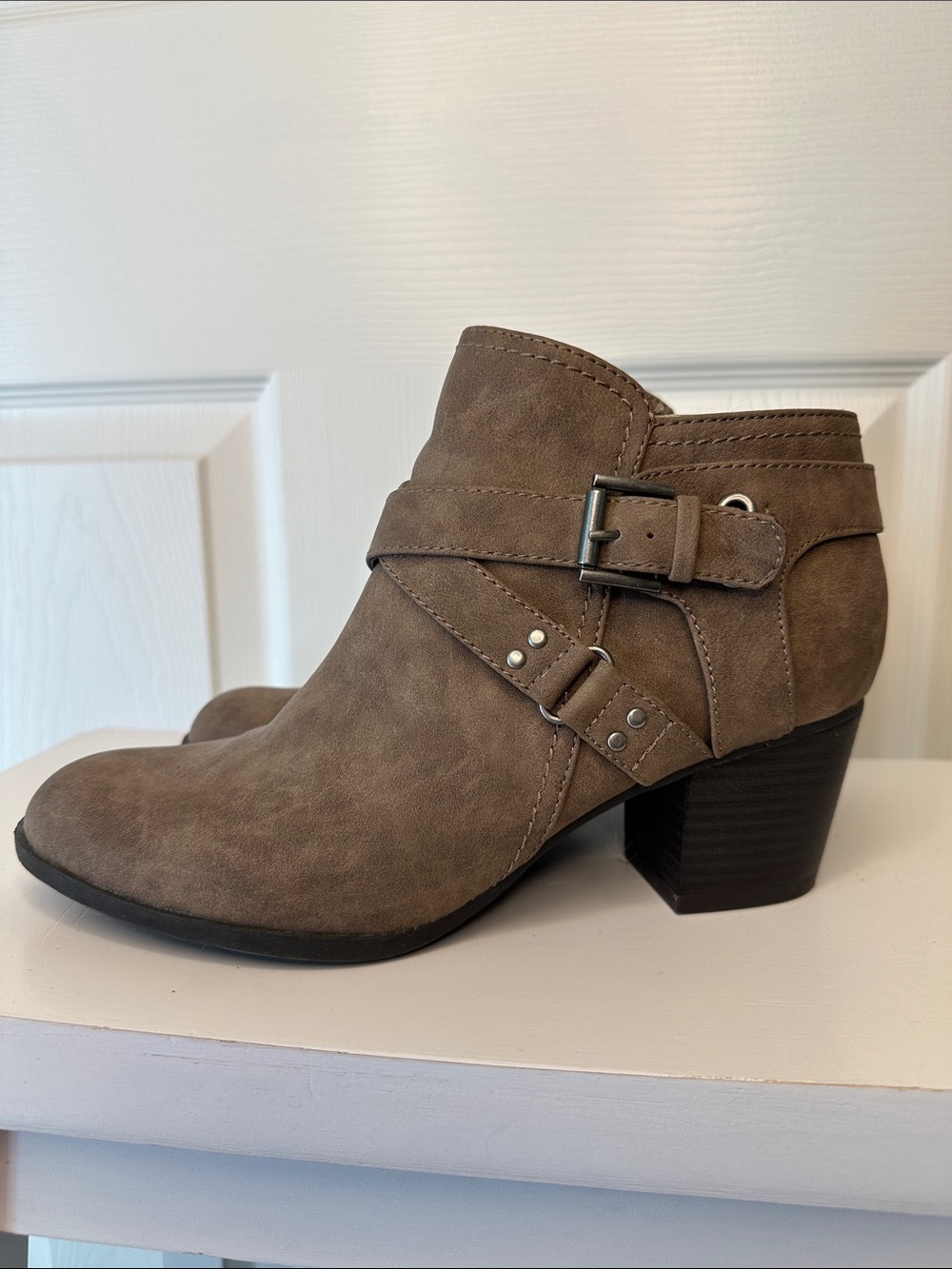 Indigo Taupe Buckle Strap Ankle Booties